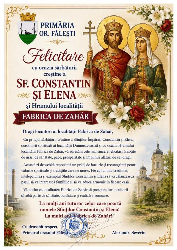 Mesaj felicitate Hramul Fabrica de Zahar 2026 001