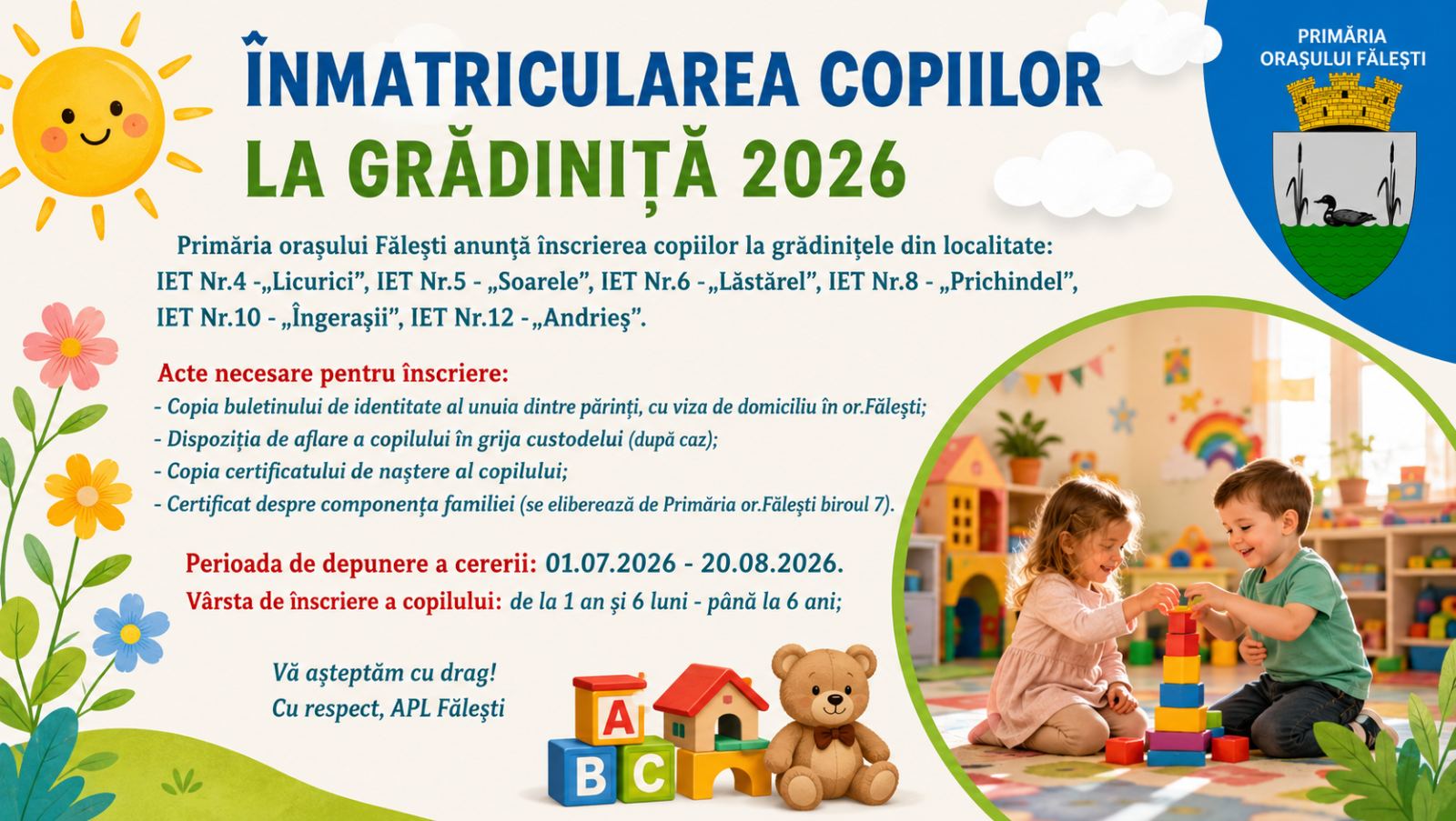 ÎNMATRICULAREA COPIILOR LA GRĂDINIȚĂ 2026